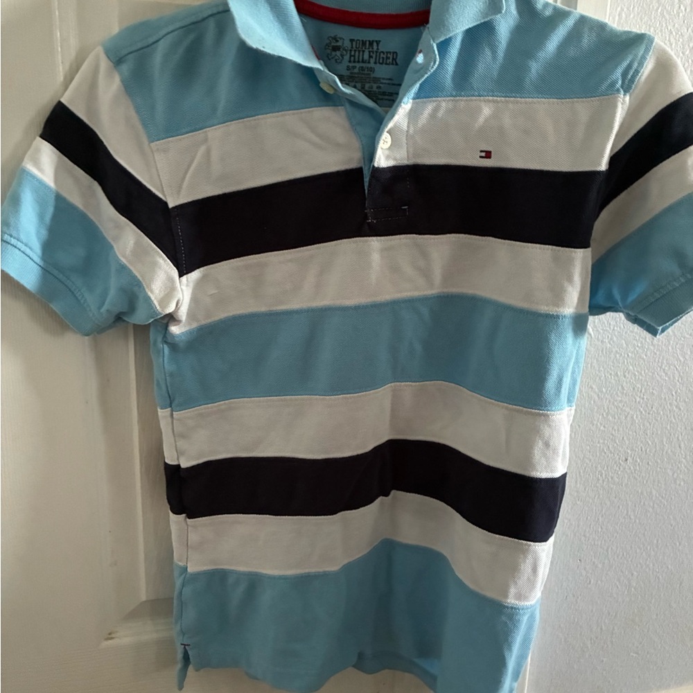 Tommy Hilfiger Men's Light Blue and Navy Striped Polo